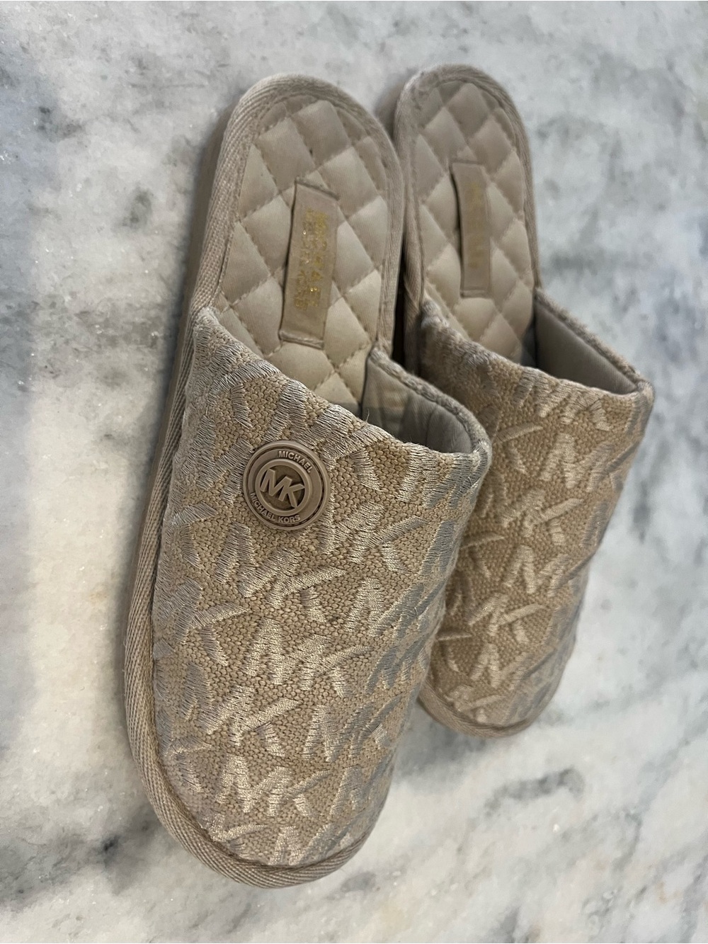 Michael Kors Beige Logo Quilted Slip-On Slippers
